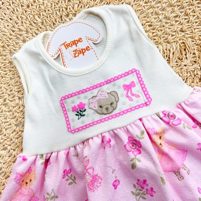 Vestido Ribana Ursinhas - Off White e Rosa